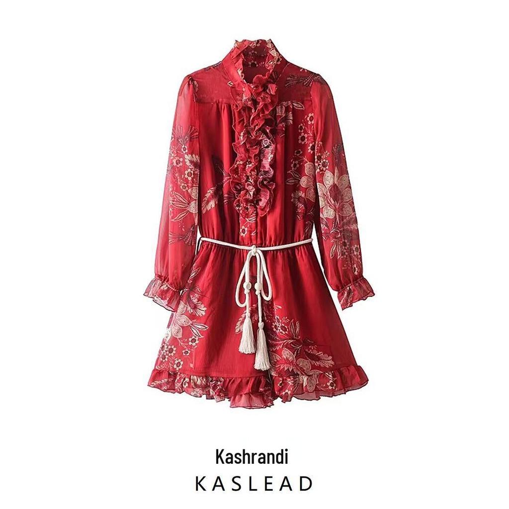 2024 Winter Women's European & American Style Tie-Up Printed Long Sleeve Dress