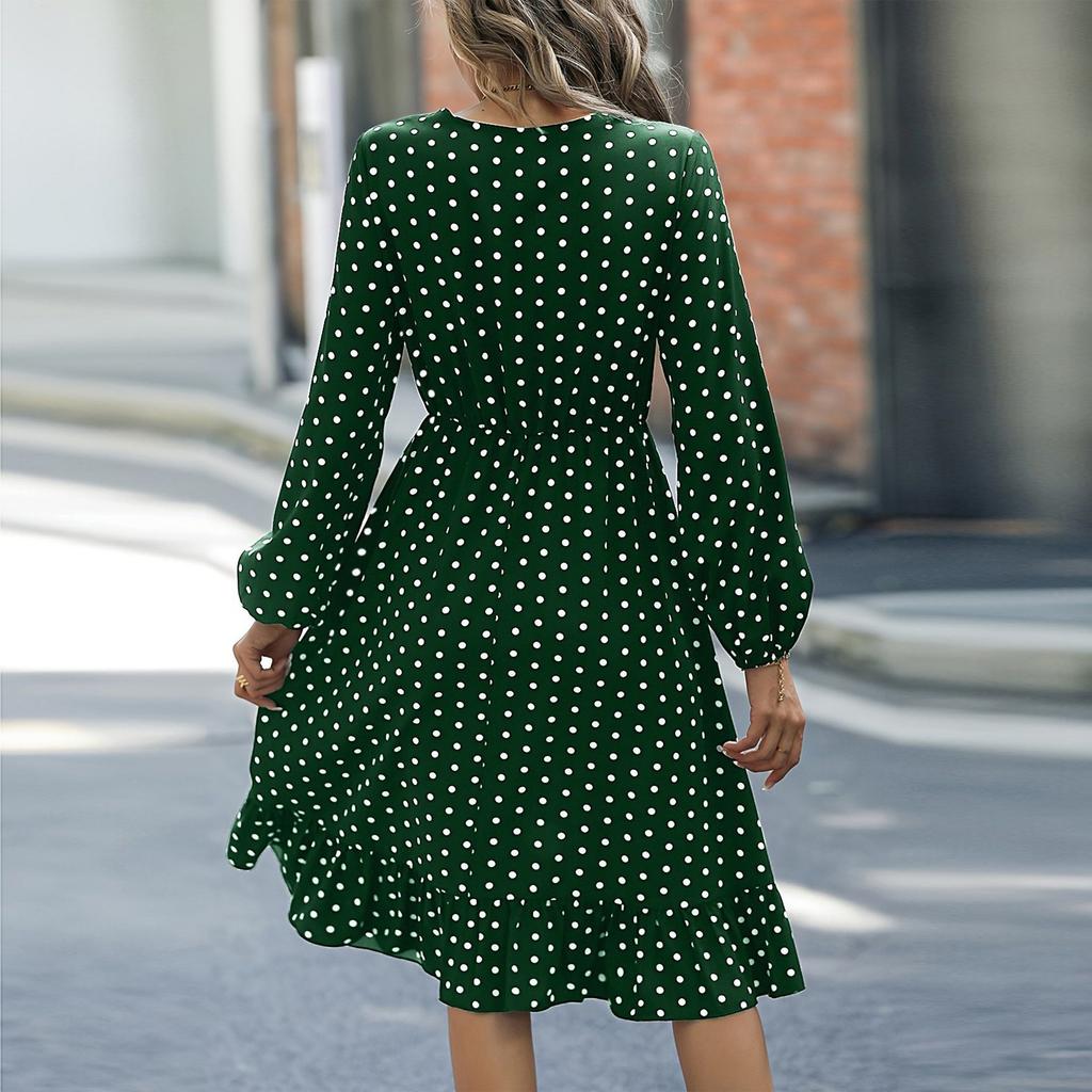 Women's Fashionable Waist Cinching Slimming Polka Dot Printed Long Sleeved Western-style Dress
