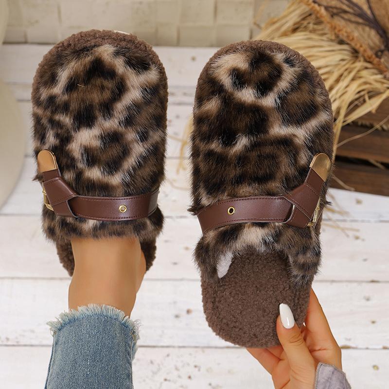 Fashion Fashion Leopard Print Fur Slippers for Women Outdoor Light Non Slip Fluffy Slippers Woman Comfy Flat Heel Plush House Slides
