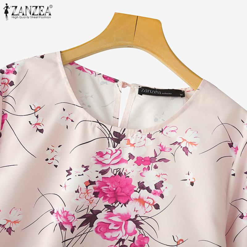 ZANZEA Women Casual Round Neck 3/4 Sleeve Split Hem Flora Printed Blouse