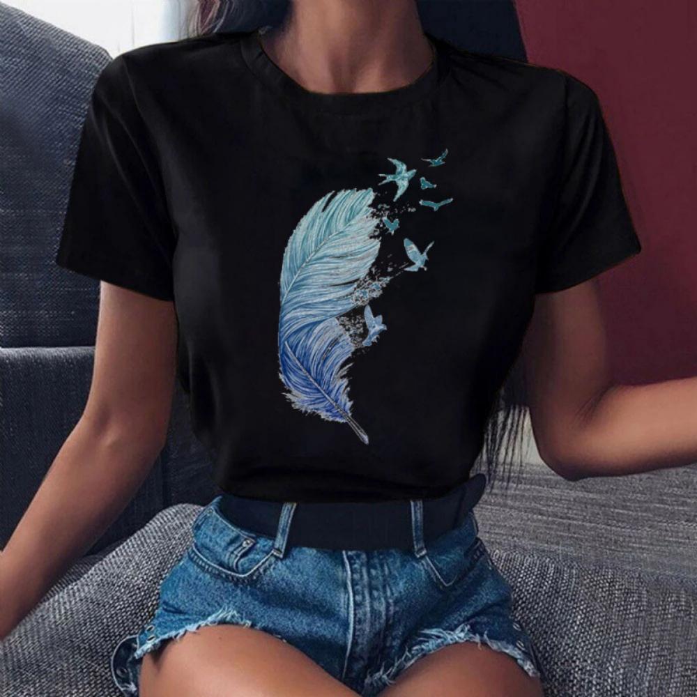 Creative Feathers Women Tshirt Fashionable White Feather Print Tshirt Durable Plussize Casual Tshirt Daily Streetwear