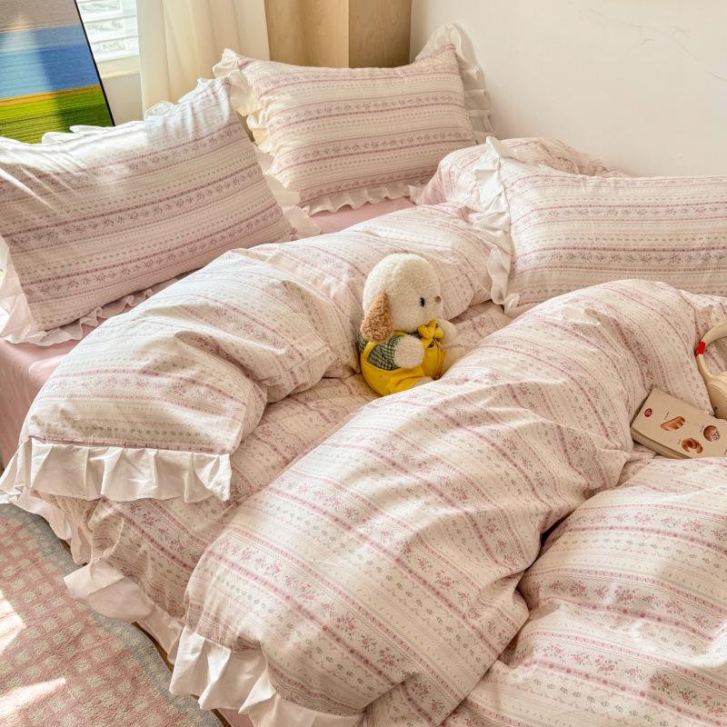 2026 Princess Style Cotton Lace Student Bedding Set - 4 Pieces