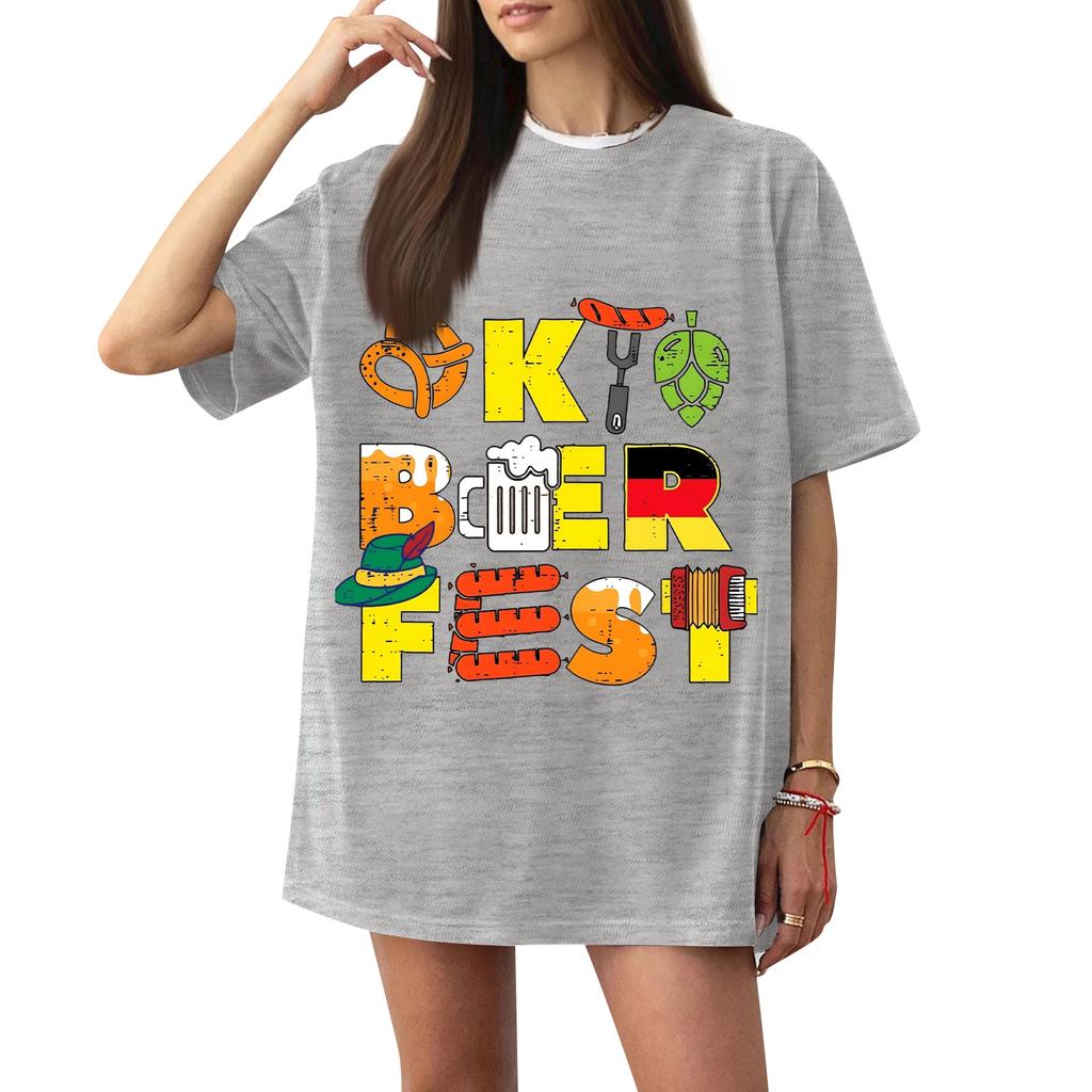 Women's Casual Short Sleeve T-Shirt Oktoberfest Letter Print Loose Fit Lightweight Summer Top Pullover Tee