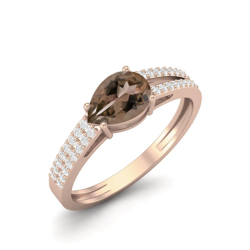 Anello da Donna per Fidanzamento con Split Shank in Argento Sterling 925 Placcato Oro Rosa con Quarzo Fumè a Forma di Goccia 7x5MM