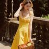 French Lace Patchwork Yellow Floral Dress for Women, New Summer Seaside Vacation Elegant Waist-cinching Long Dress