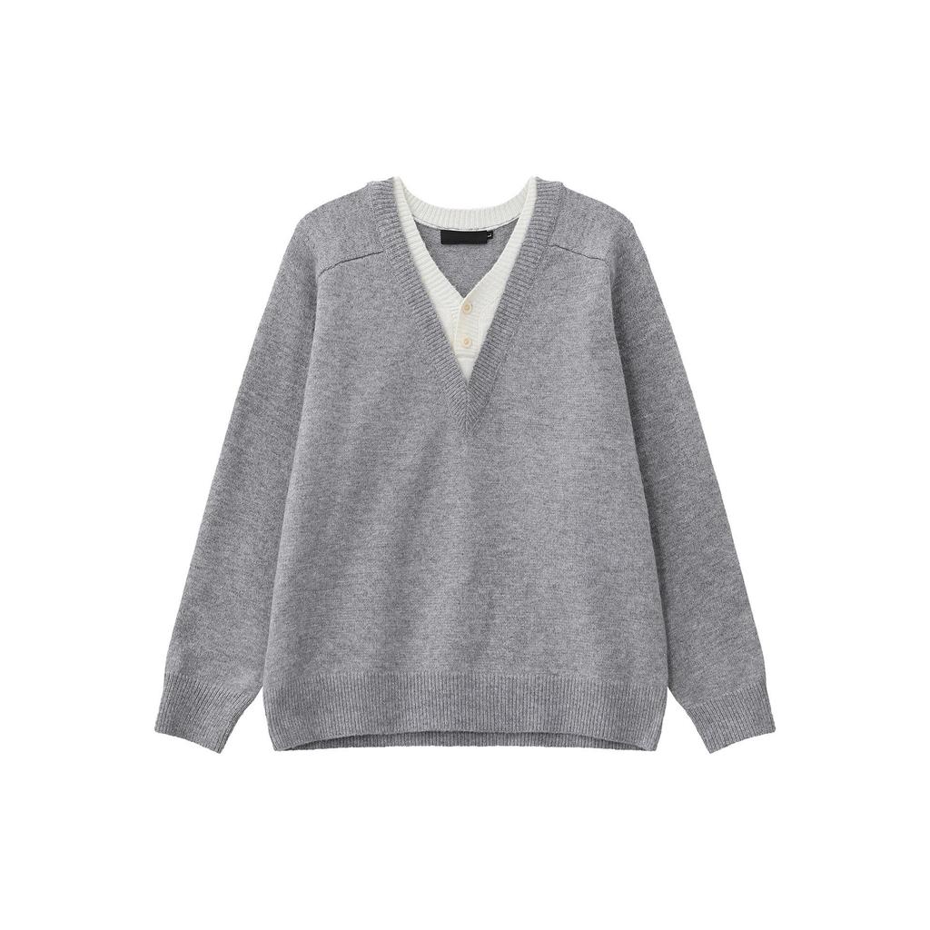 Men's Dark Grey V-Neck Faux Two-Piece Woolen Sweater, Winter Fashion, Trendy Old Money Style.
