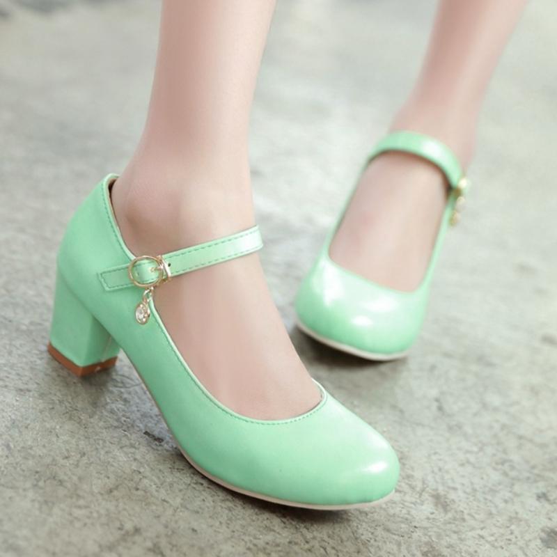 Women's Medium Heels Mary Janes Shoes 2025 Fashion Pink Black White Green Purple Heeled Party Wedding Shoes Female Dress Pumps