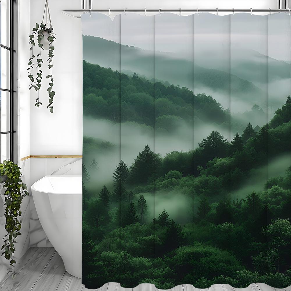 Wald Baum Grün Nebel Duschvorhang, Badezimmer Dekorativer Duschvorhang, Wasserdichter Duschvorhang mit Haken