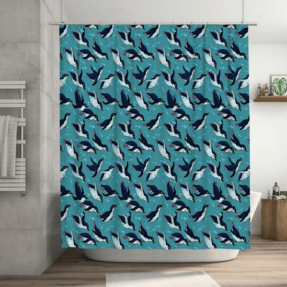 Rideau de douche manchot unique Oiseaux de l'océan bleu Ensemble de décoration de salle de bain Tissu imperméable Lavable Textile d'intérieur moderne