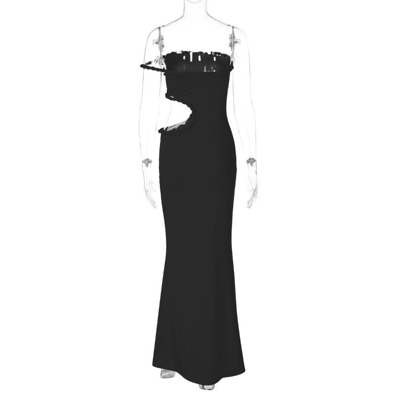 Women Sexy Off Shoulder Hollow Out Waist Exposed Slim Fit Bodycon Long Dress
