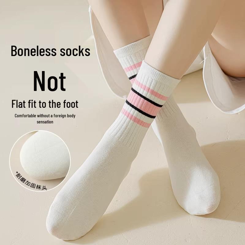Women's White Striped Mid-Calf Cotton Socks - Trendy Spring/Autumn Sports Style