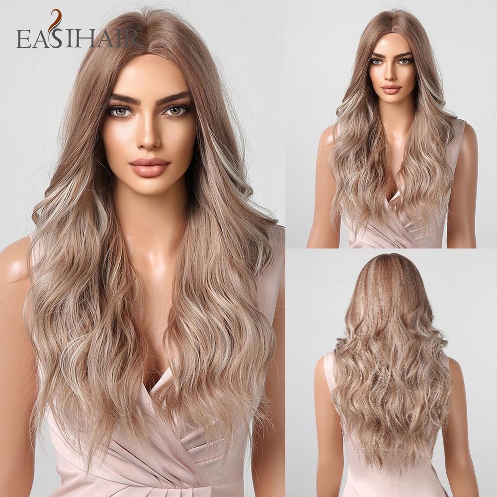 EASIHAIR Long Honey Brown Ombre Highlight Synthetic Wigs for Women Mixed Brown Wavy Natural Wigs Middle Part Cosplay Wigs Heat Resistant