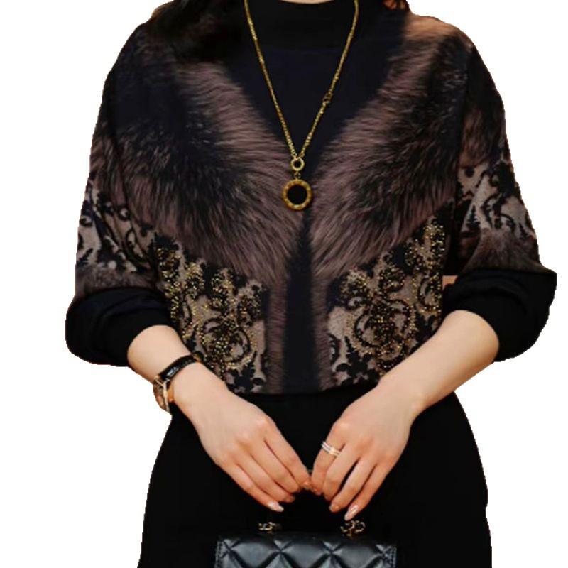 Autumn/Winter Printed Plus Velvet Chic Semi-High Neck Warm Top for Moms