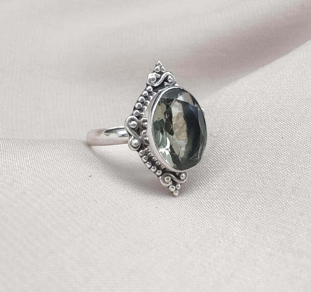 Green Amethyst 925 Sterling Silver Ring: Faceted Oval, Boho Statement Ring