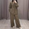 2 Pcs/Set Women Top Pants Suit Solid Color Long Sleeves Half-open Round Neck Top Elastic Waist Straight Wide Leg Trousers Sport Fitness Outfit Fall