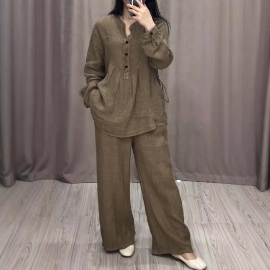 2 Pcs/Set Women Top Pants Suit Solid Color Long Sleeves Half-open Round Neck Top Elastic Waist Straight Wide Leg Trousers Sport Fitness Outfit Fall