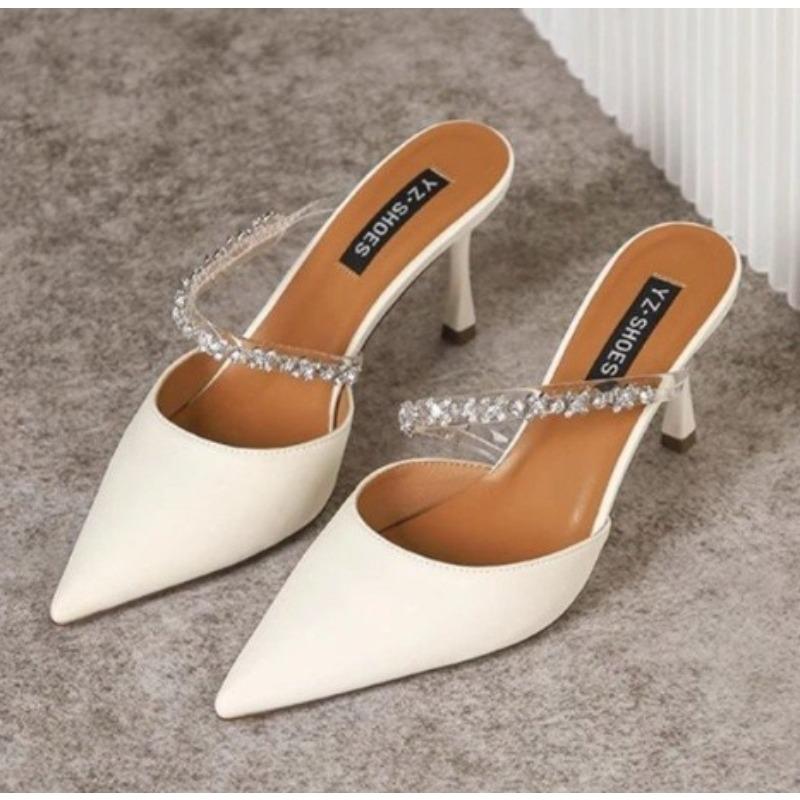 Fashion New Style Women's Stylish Sexy Party Comfortable Women's Shoes Pointy Back Empty Diamond Chain Thin Heels High Heels Sandals