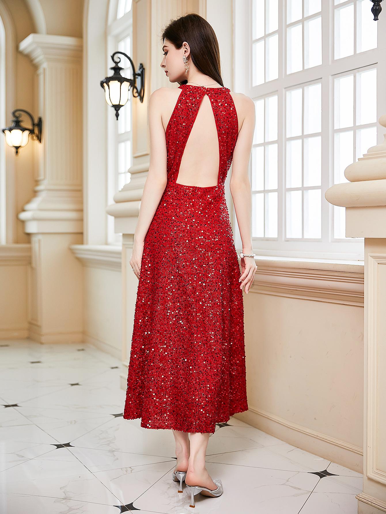 Europe, America and the United States summer cross-border new dress Amazon foreign trade sleeveless neck dress backless evening dress S красный
