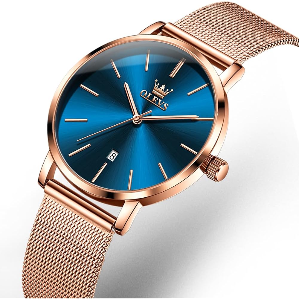 OLEVS Women's Minimalist Casual Watch Rose Gold Leather Band Waterproof Analog Quartz with Date Calendar