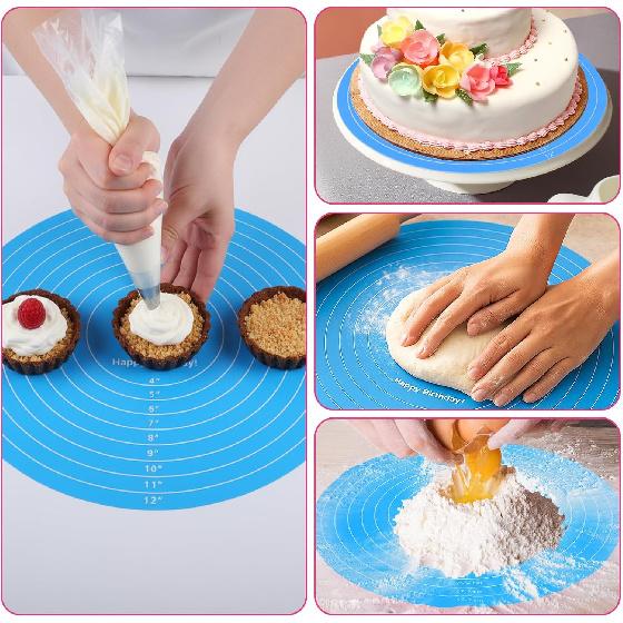 3 Pcs Silicone Cake Mat Round Baking Mat with Measurements Reble Cookie Turntable Pad Pastry Baking Pad for Pizza Pan Rolling Out Dough Non-Stick