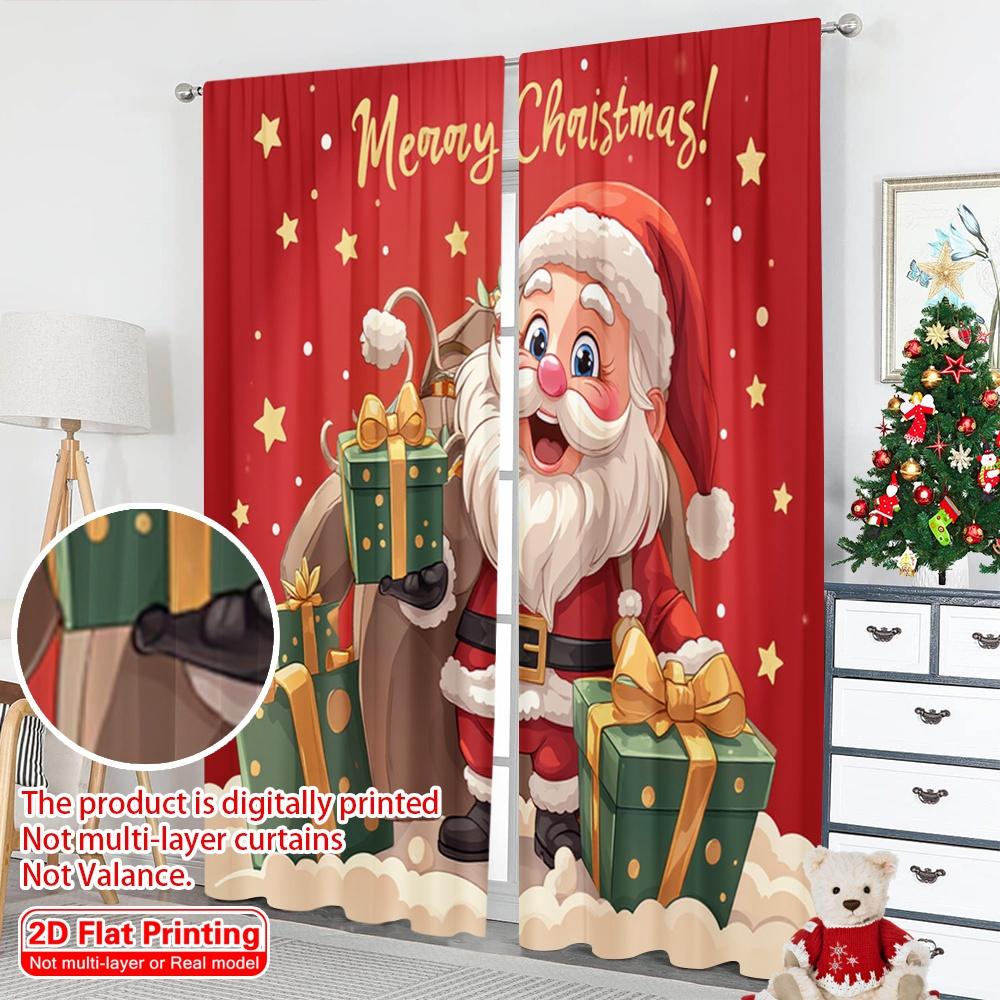 2pcs 2D Flat Printing Merry Christmas Popular Party Window Curtains Merry Christmas Santa Gifts Polyester Without Electricity