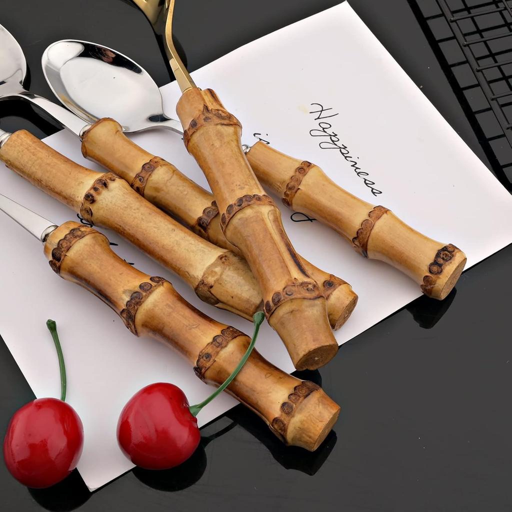 4 Pieces Bamboo Handle Set Natural Bamboo Flatware Stainless Steel Cutlery Utensils, Include Knife Fork Spoon Teaspoon