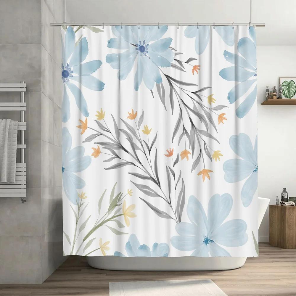 Delicate Watercolor Floral Shower Curtain Soft Blue White Decorative Bath Rug Liner Extra Long Waterproof Fabric for Bathroom