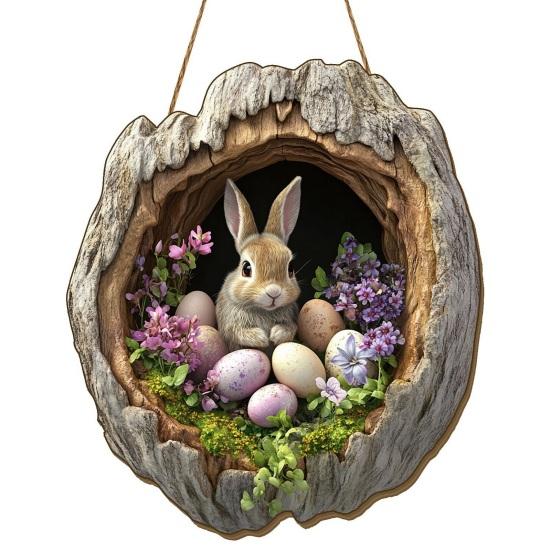 Easter Bunny Sign for Front Door Wooden Farmhouse Indoor Fireplace Window Hanging Wreaths Welcome Banner Decoration for Home Garden Fence