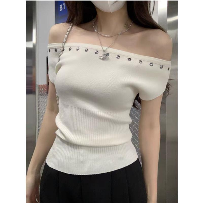 

Модный свитер с открытыми плечами, с коротким рукавом, элегантный, с заклепками, вязаный, женская блузка, облегающий, простой пуловер, однотонная футболка, Y2k, повседневный топ, одежда one size белый