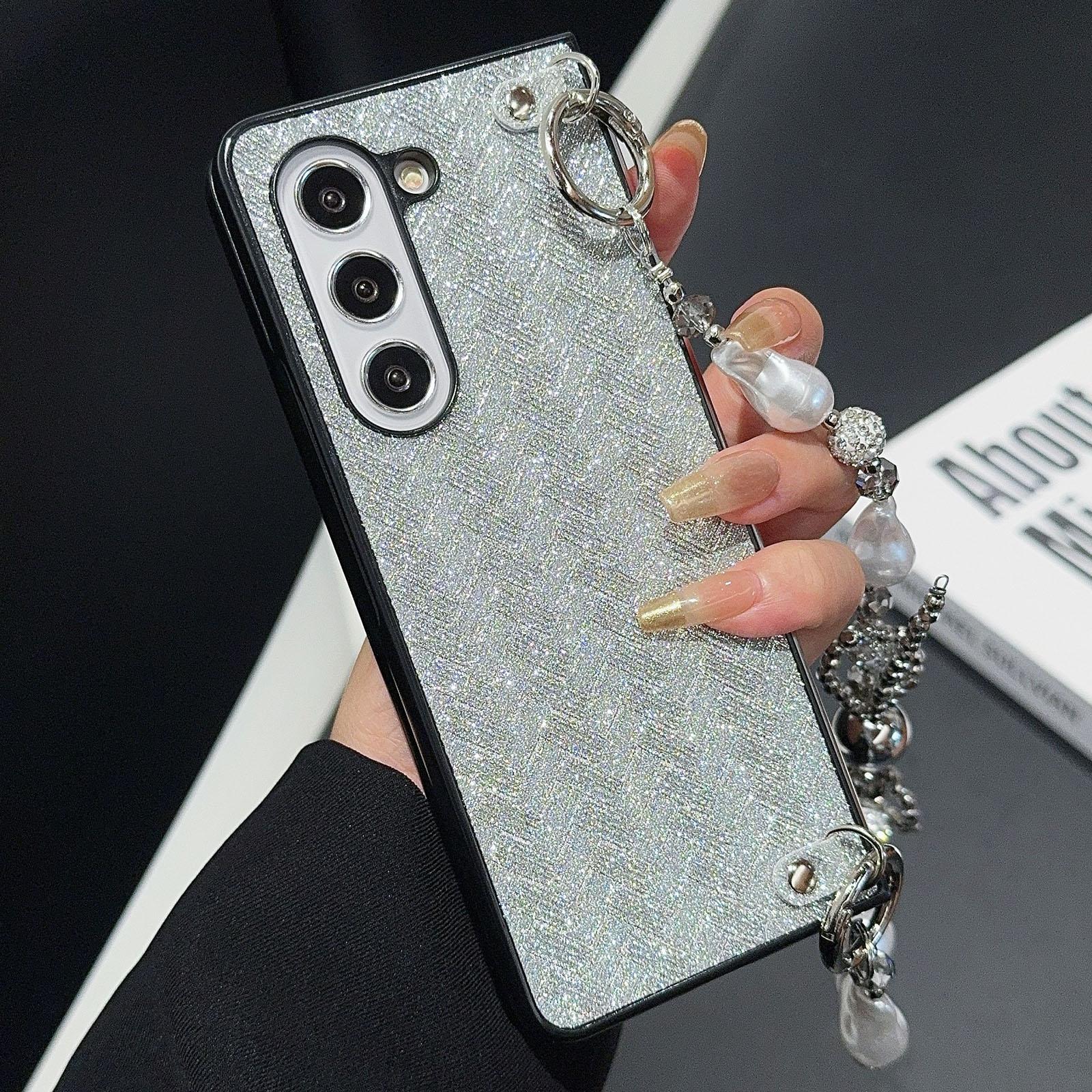 

For Samsung Galaxy Z Fold6 5G Case Weave Glitter Stripe Leather+PC Phone Cover with Bow Beaded Strap B
