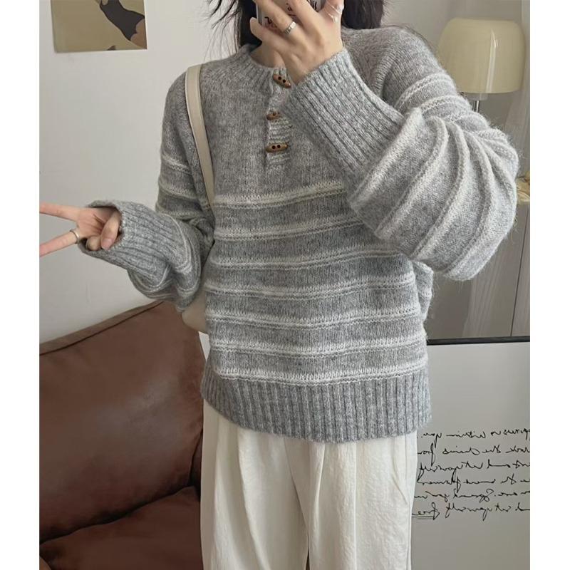 Corner Button Pullover Sweater Autumn and Winter New Color Matching Striped Soft Waxy Casual Loose Knitted Sweater Women