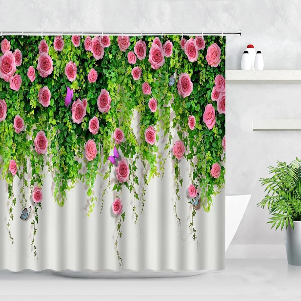 Conjunto de cortina de chuveiro floral roxo lavanda rosa rosa flores simples decoração de banheiro cortinas de poliéster pano de fundo de fotografia