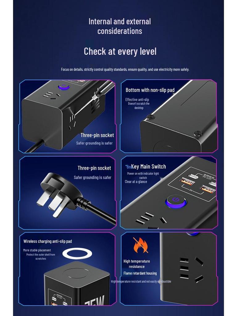 35W GaN Schnelllade-Steckdosenleiste mit USB & Kabellosem Desktop-Ladegerät