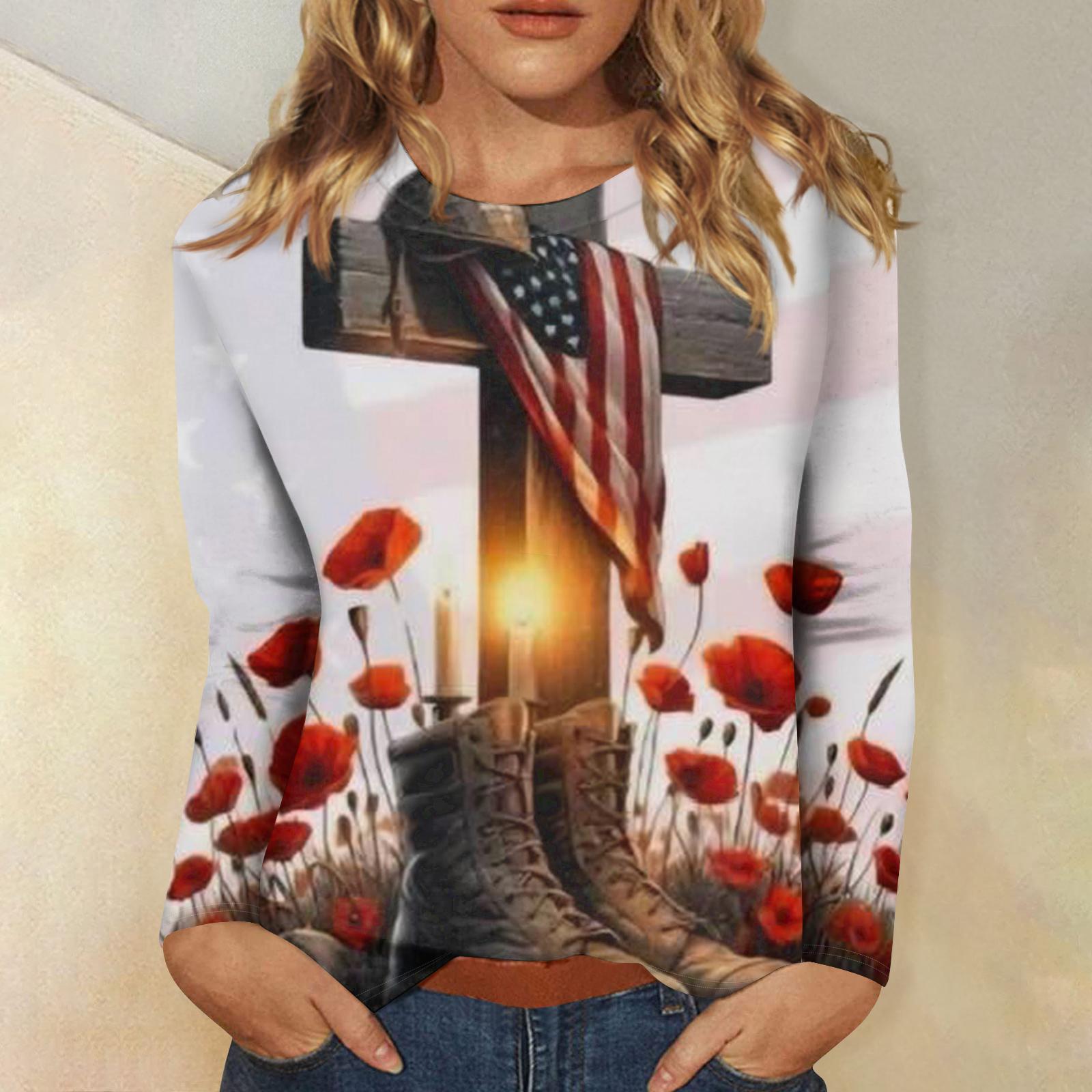 

Ladies Independence Day printed casual and fashionable round neck long sleeved pullover top XL білий