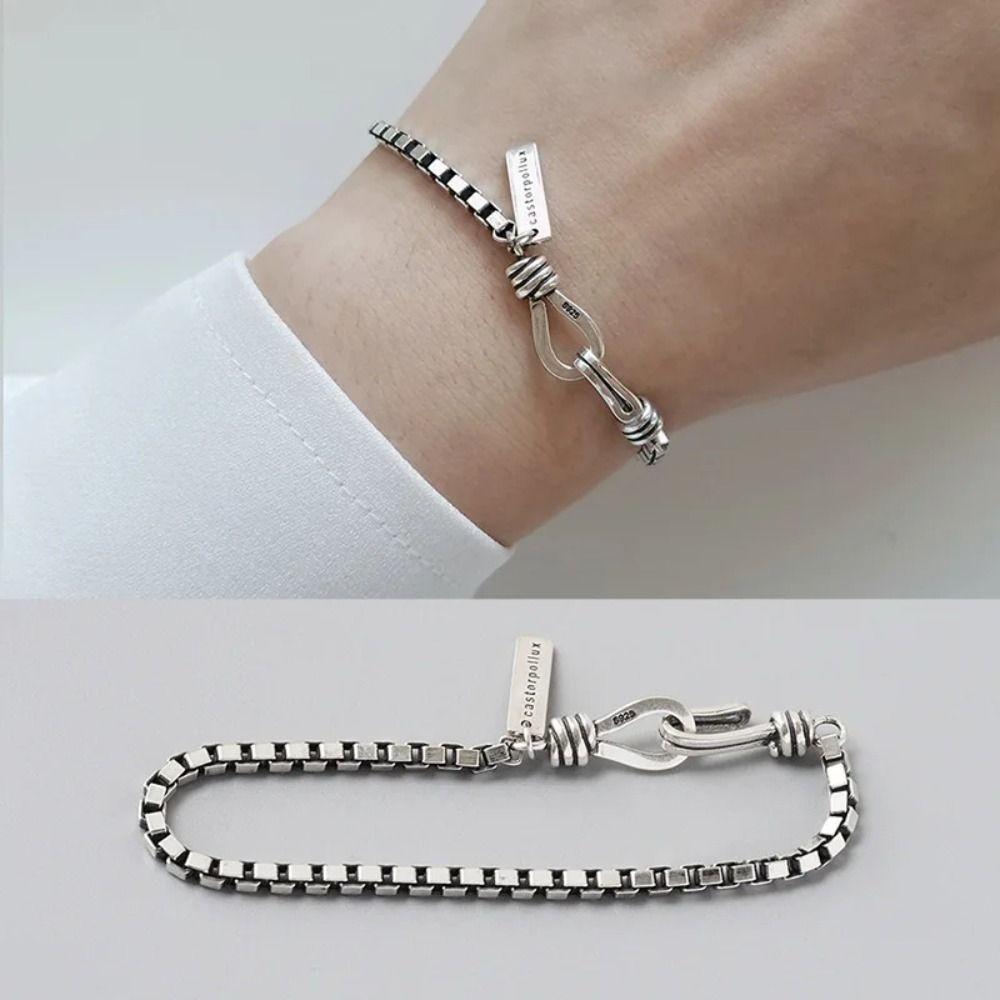 925 Sterling Silver Geometric Bracelet Simple Bracelet Jewelry New Vintage Chunky Box Chain Women