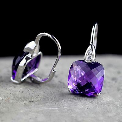 Nuovi orecchini semplici ed eleganti Orecchini con cristallo quadrato viola incastonato per donna Gioielli di temperamento alla moda