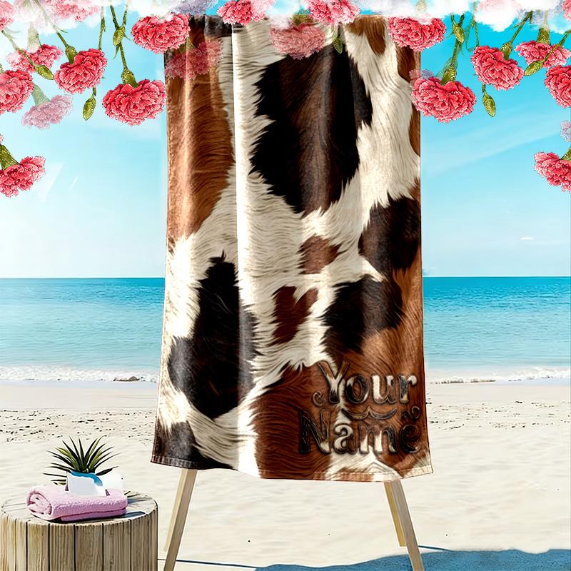 Name Custom Cow Leopard Pattern Print Beach Towel, Large Soft Quick Dry Towel for Beach Camping Swimming