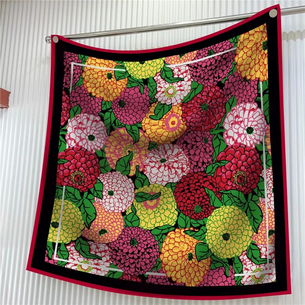 Silk Scarf Women Floral Printed Square Scarves Head Echarpes Silk Foulards Femme Wraps Beach Shawls Bandana Lady Hijabs 90CM