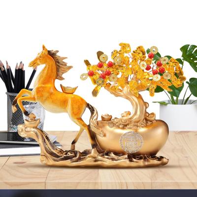 Statue Arbre à Chevaux et à Richesse Nouvelle Année Cheval et Figurine Yuanbao Décor Feng Shui Sculpture de Richesse pour Bureau Décor de Salon