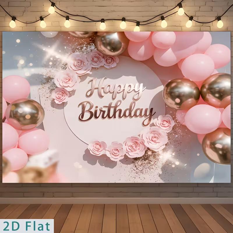 

2D Birthday Photography Background, Soft Pink Floral & Sparkle Decor 47.2x31.5inch/120*80cm