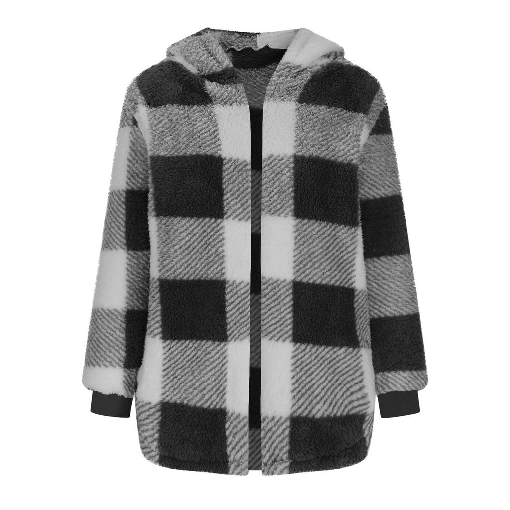 Women's Fashion Flannel Long Sleeve Pocket Loose Hooded Sweater Coat