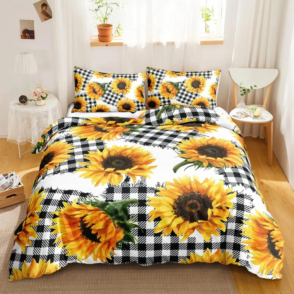 Sonnenblumen Bettbezug Set Gestreifte Bettwäschesets Schwarze Streifen Gelbes Sonnenblumen Design Weiß Schwarz Jungen Mädchen Bettdeckenbezug Queen
