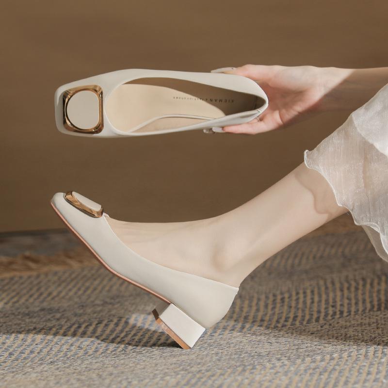 

-B beige thick heel shoes square head new versatile temperament light mouth medium heel single shoes 40