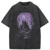 YK Hip Hop Washed Black TShirt Streetwear Vintage Purple Graphic Horror Castle T Shirt Cotton Tshirt Men Tops Tees Unisex