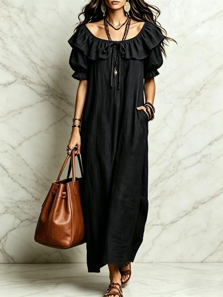 Women Off Shoulder Ruffle Tie Waist Bubble Sleeve Midi Dress