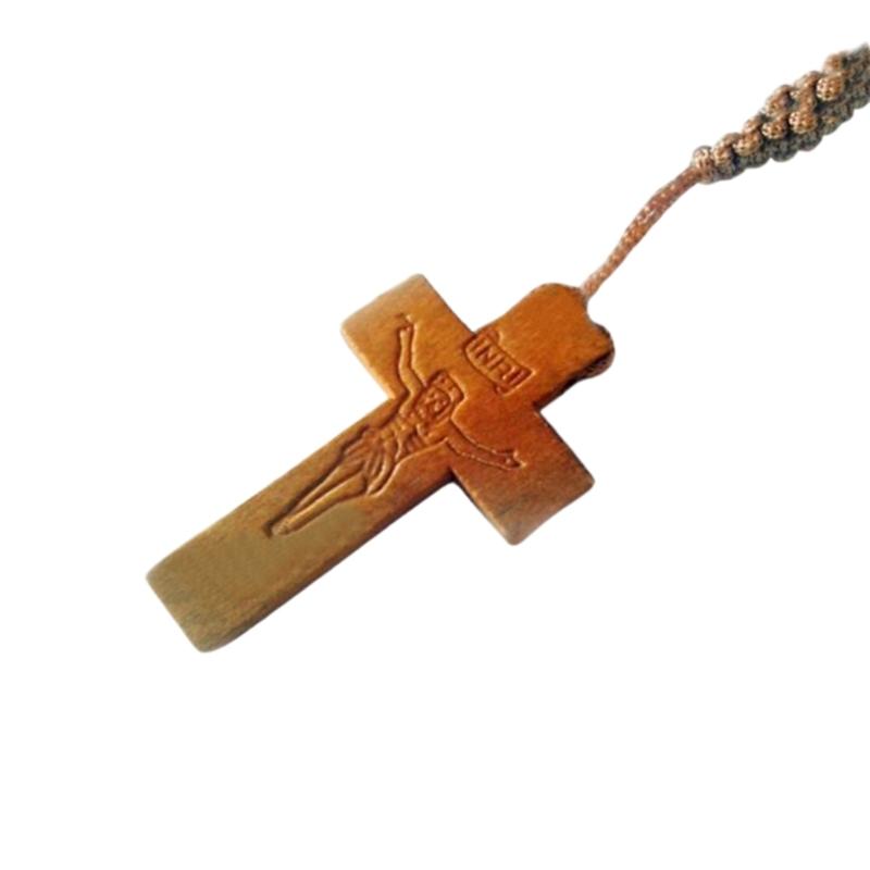 Wood Beads Cross Rosary Necklace Hangable Pendant Crafts Long Bead Chain for Christmas Party Church Decorations