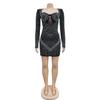 Women's Fashion Solid Mesh Crystal Long Sleeve Dress
