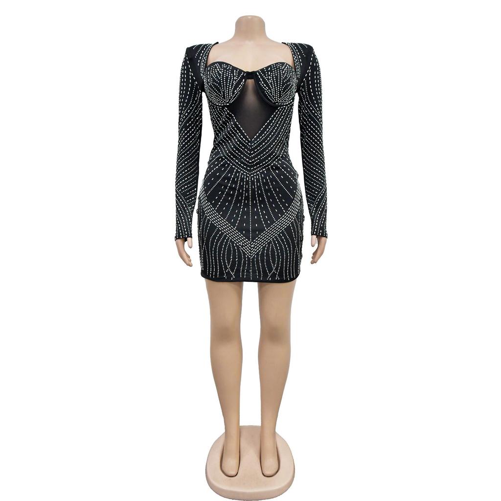 Women's Fashion Solid Mesh Crystal Long Sleeve Dress
