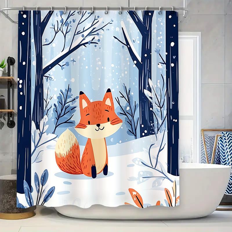 Charming Winter Fox Shower Curtain For Kids - Cute Animal Design Waterproof Bath Decor With Ring Waterproof Durable Easy-Clean