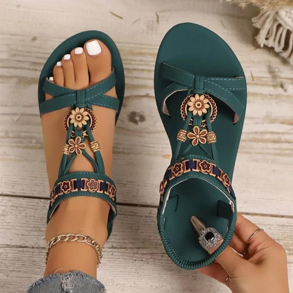 Women s Bohemian Beaded Sandals Vibrant Teal with Golden Accents Flat Heel Round Toe Ankle Strap Wear Casual Footwear 36 синий